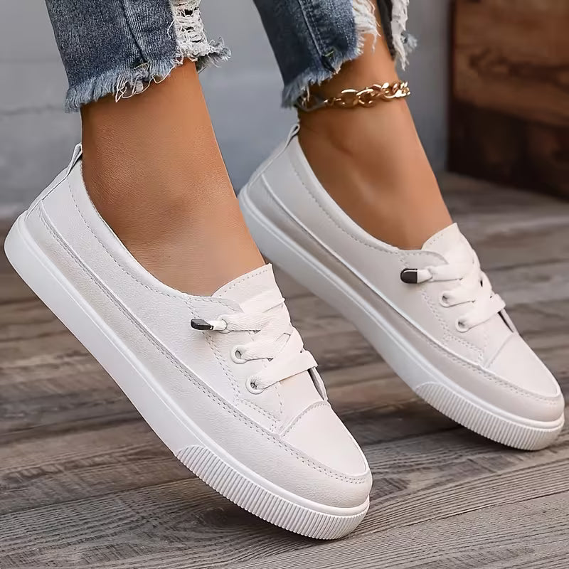Azzy - Comfortable Women's White Lace-Up Flat Shoes