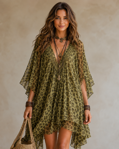 Bianca — Chiffon Kaftan Dress with Leopard Print