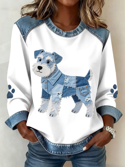 Women's Denim Sweatshirt - Stylish Dog Print and Patchwork