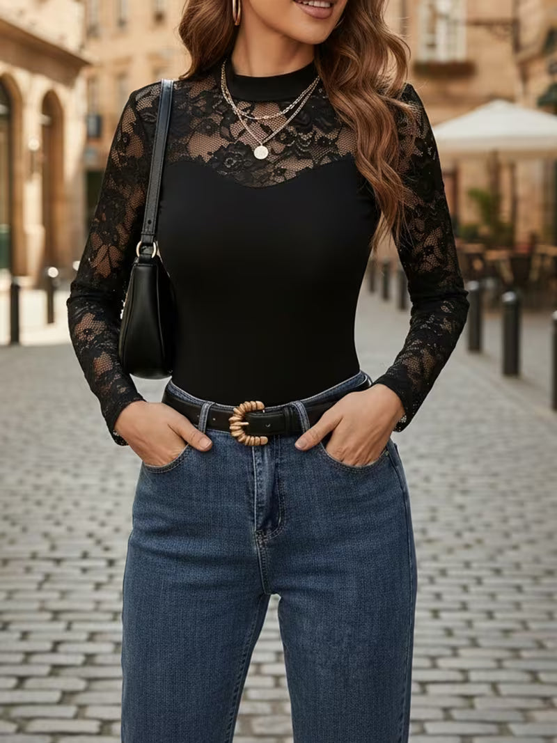 Seraphine —  Lace Long-Sleeve Mock-Neck Blouse