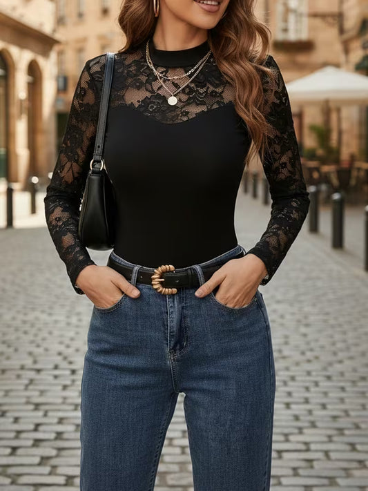 Seraphine —  Lace Long-Sleeve Mock-Neck Blouse