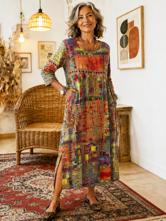 Folklén — Cotton Ethnic Print Lace-Trim Maxi Dress