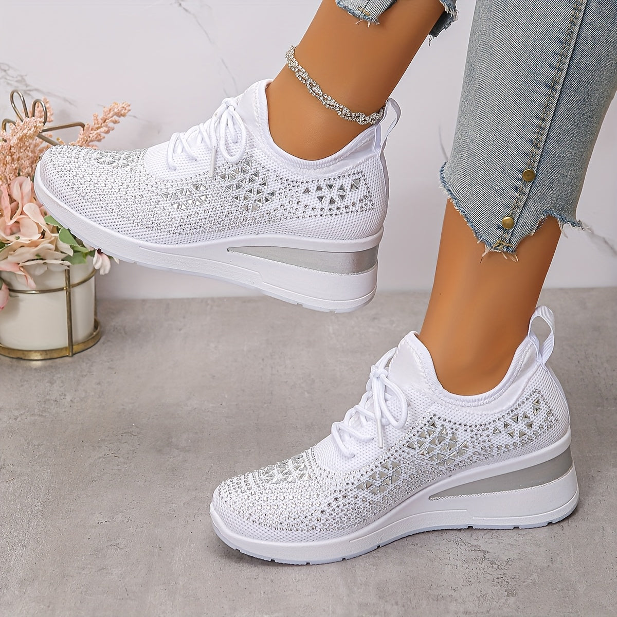 Women's casual, fashionable, breathable, sneakers adorned with crystals