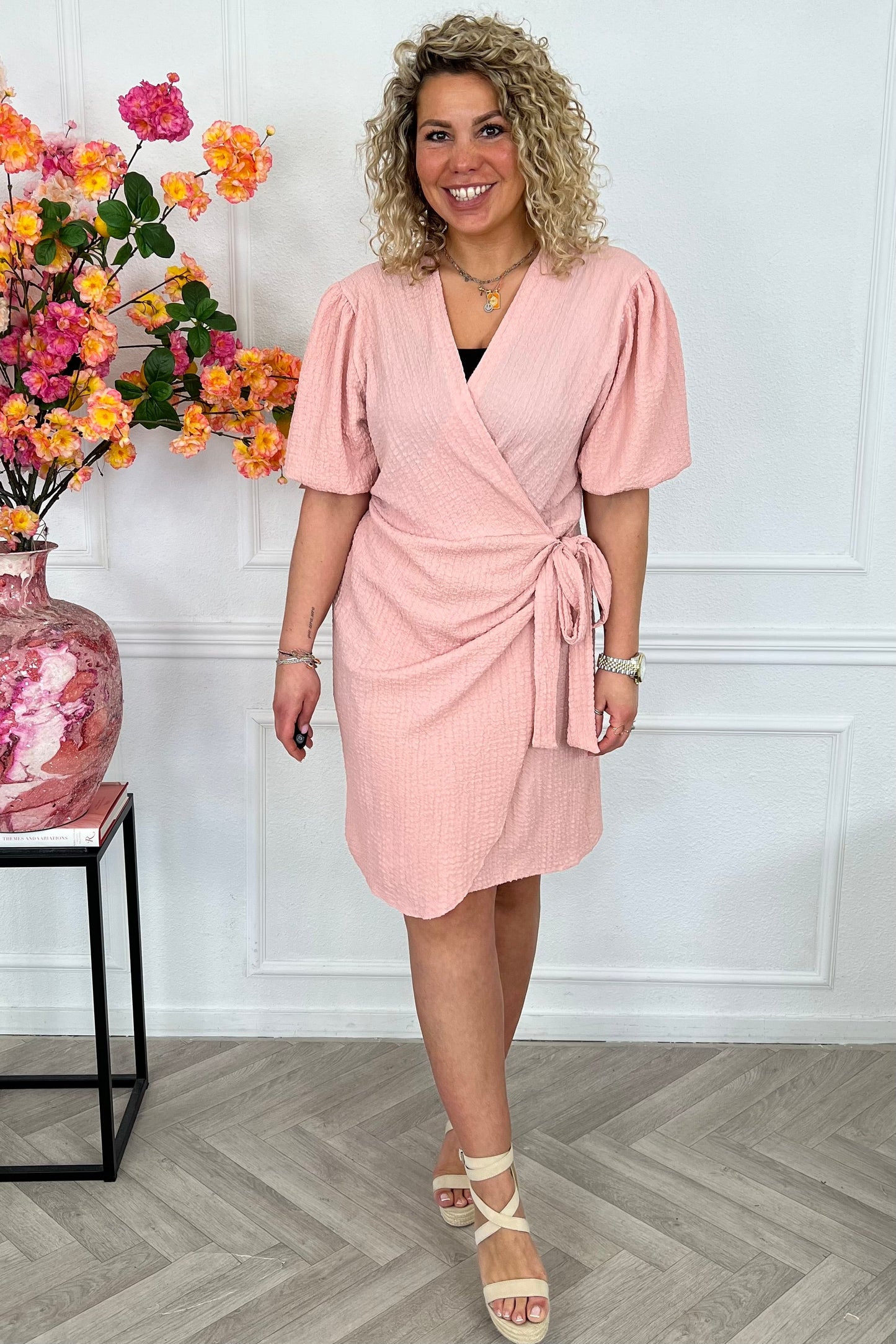 Vaerlyn — Puffy Sleeve Wrap Dress in Blush Pink