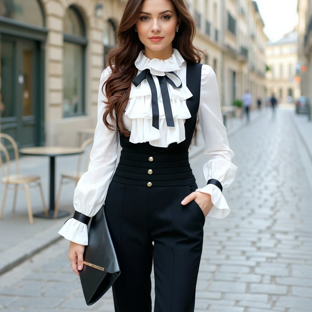 Tisa — Satin-Ribbon Shirt & Jumpsuit Set