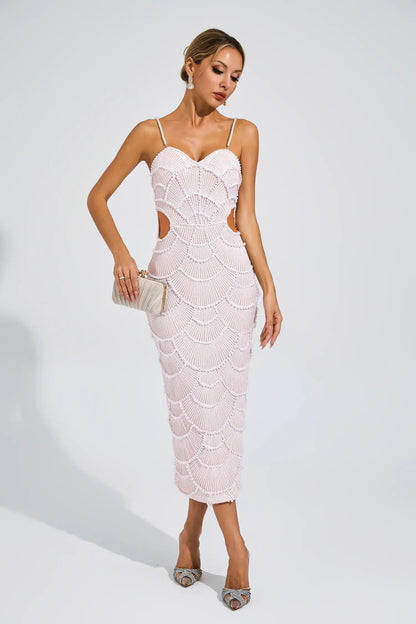 Pearl-Embellished Beige Midi Dress