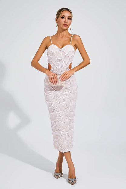 Pearl-Embellished Beige Midi Dress