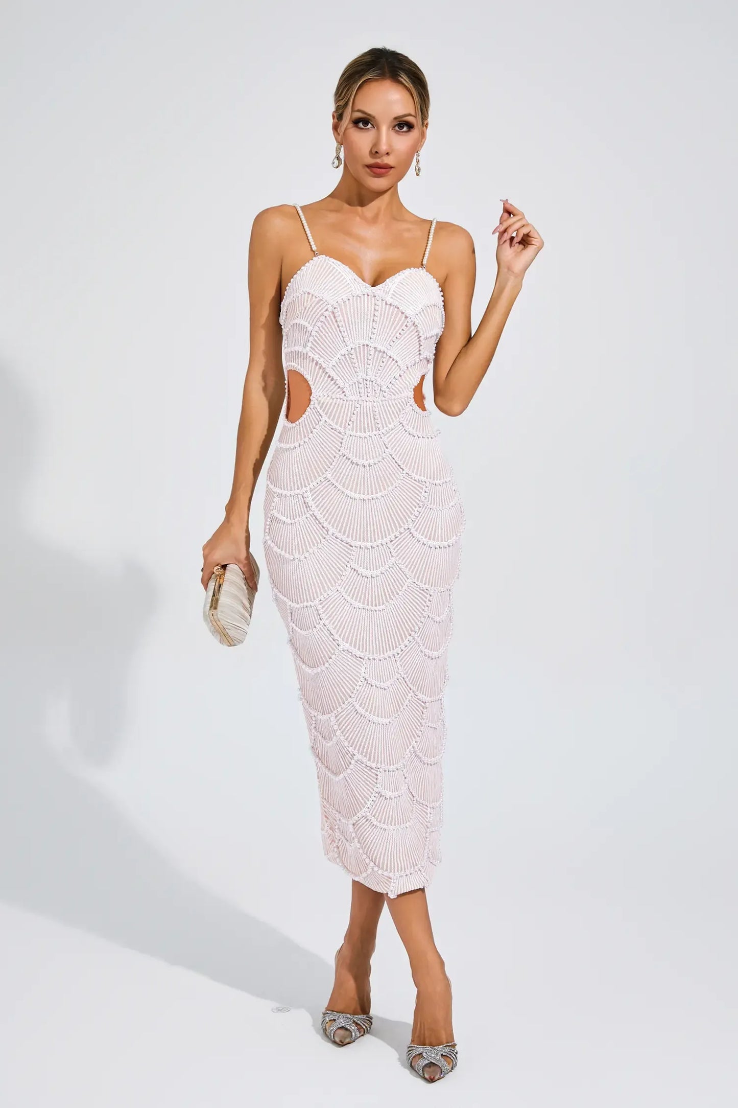 Pearl-Embellished Beige Midi Dress