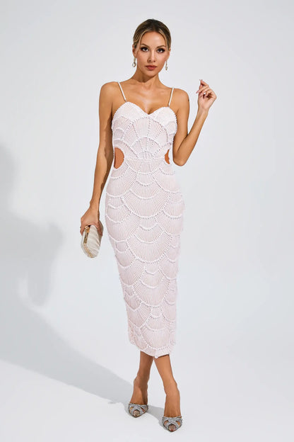Pearl-Embellished Beige Midi Dress