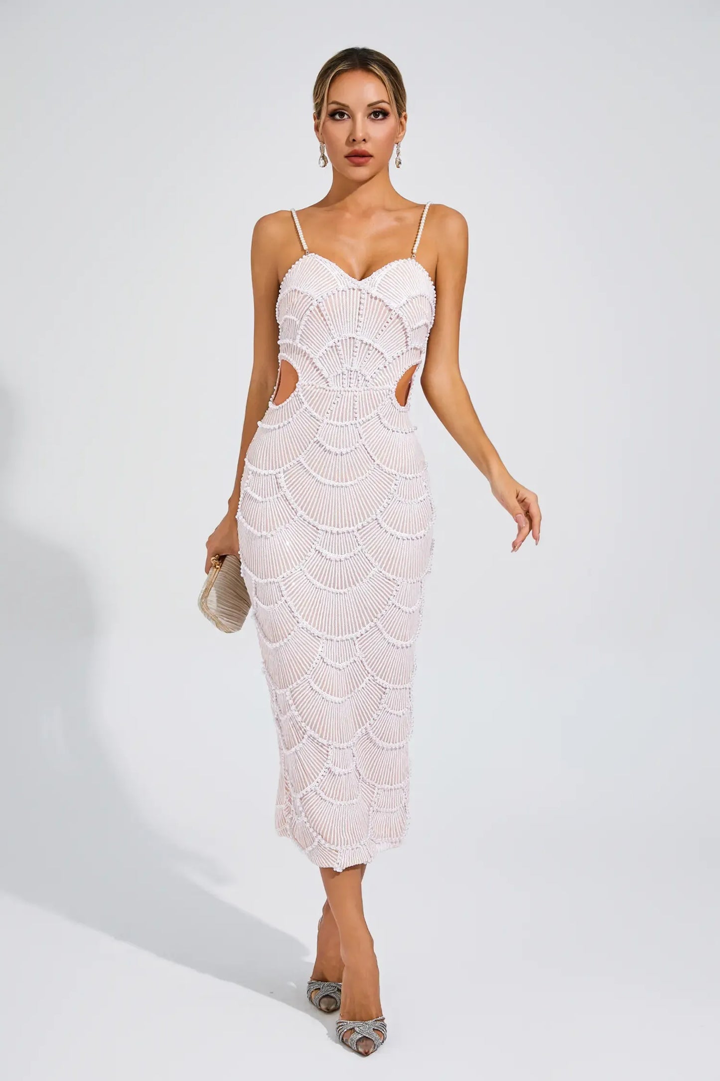 Pearl-Embellished Beige Midi Dress