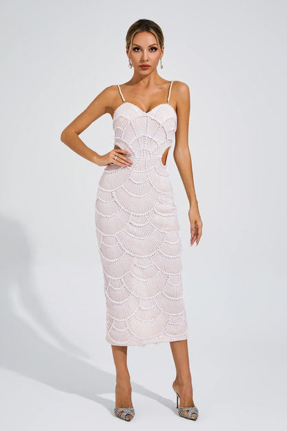 Pearl-Embellished Beige Midi Dress