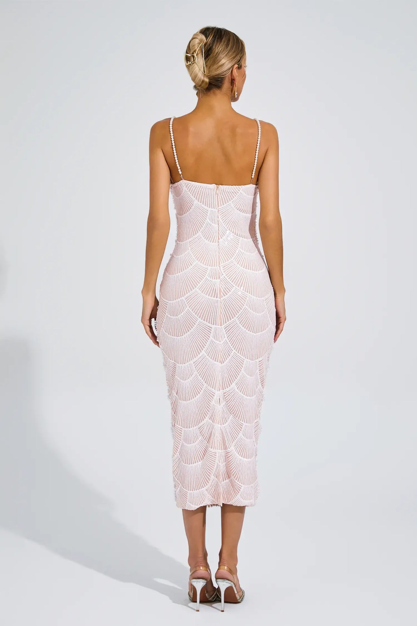 Pearl-Embellished Beige Midi Dress
