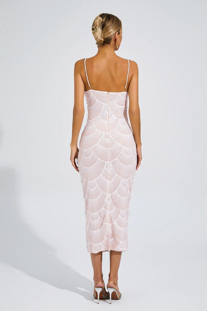 Pearl-Embellished Beige Midi Dress