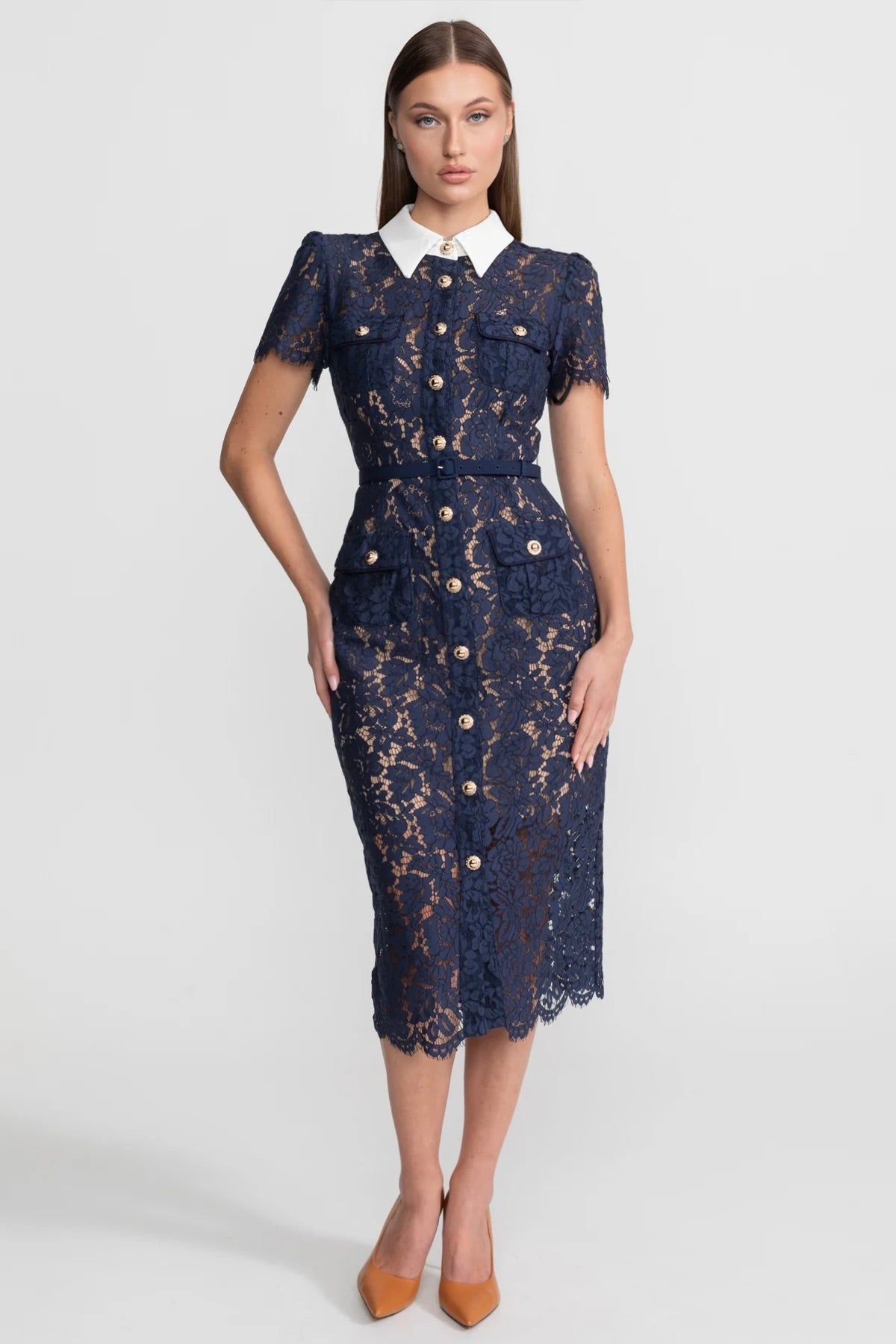 Darivène — Floral Lace Belted Midi Dress in Navy