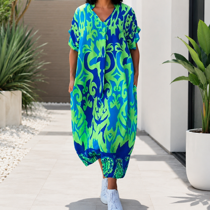 Palermia — Printed V-Neck Midi Dress
