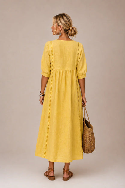 Sefi — Linen Midi Dress with Lace Trim