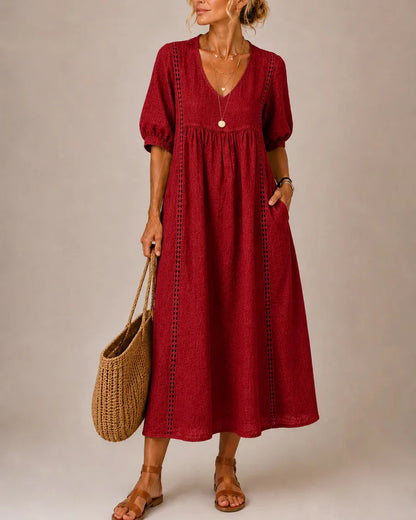 Sefi — Linen Midi Dress with Lace Trim