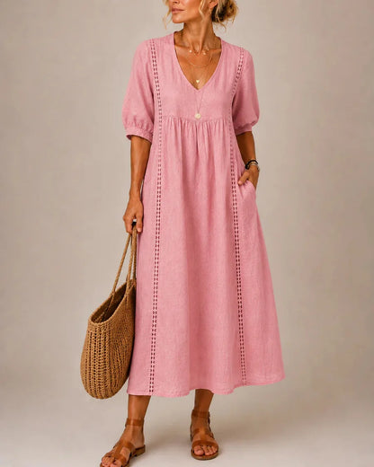 Sefi — Linen Midi Dress with Lace Trim