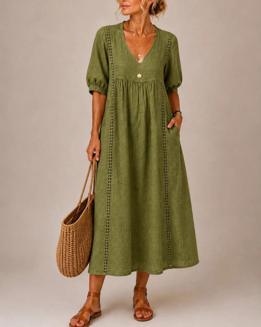 Sefi — Linen Midi Dress with Lace Trim