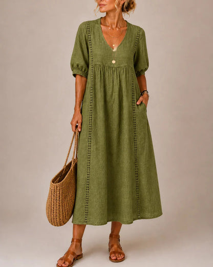 Sefi — Linen Midi Dress with Lace Trim