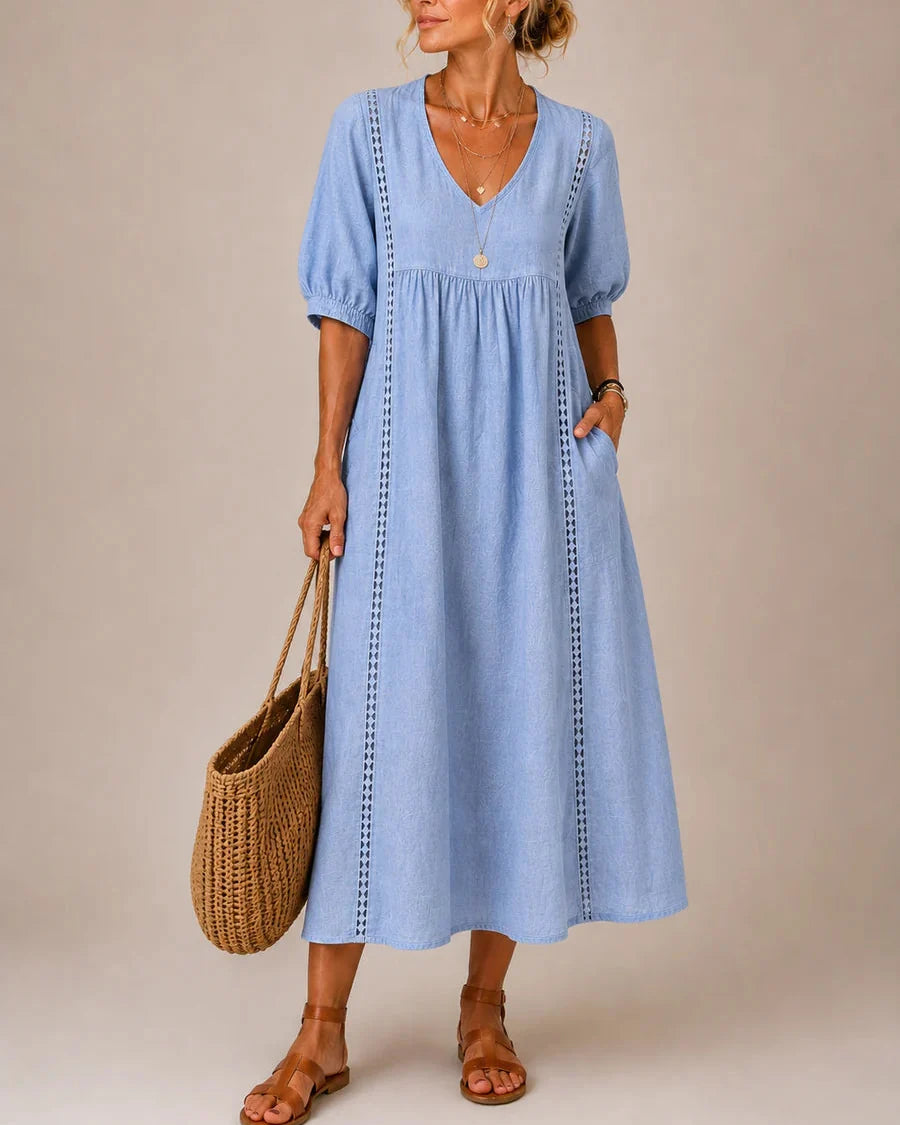 Sefi — Linen Midi Dress with Lace Trim