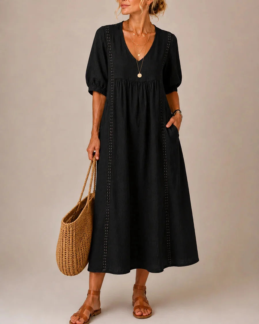 Sefi — Linen Midi Dress with Lace Trim