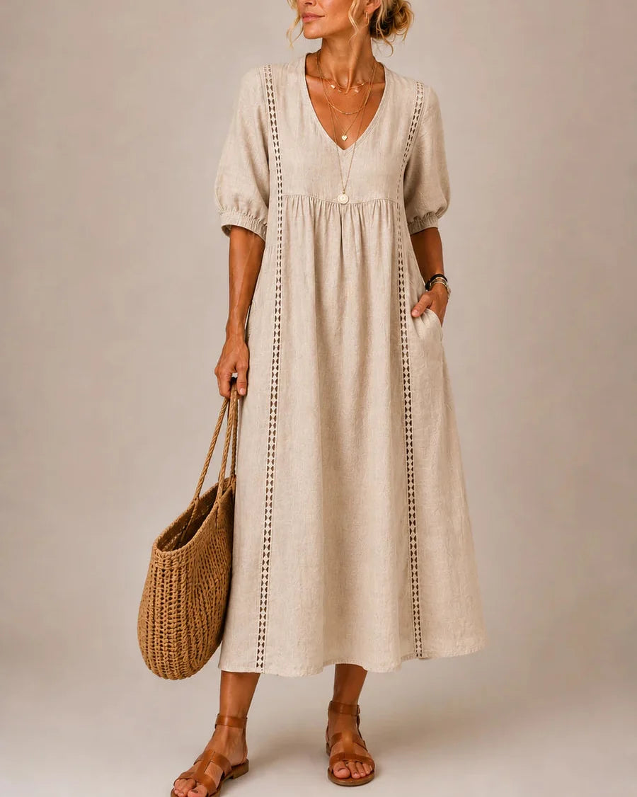 Sefi — Linen Midi Dress with Lace Trim