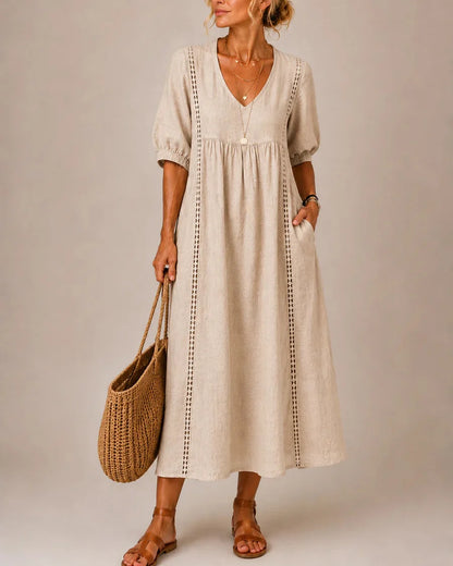 Sefi — Linen Midi Dress with Lace Trim