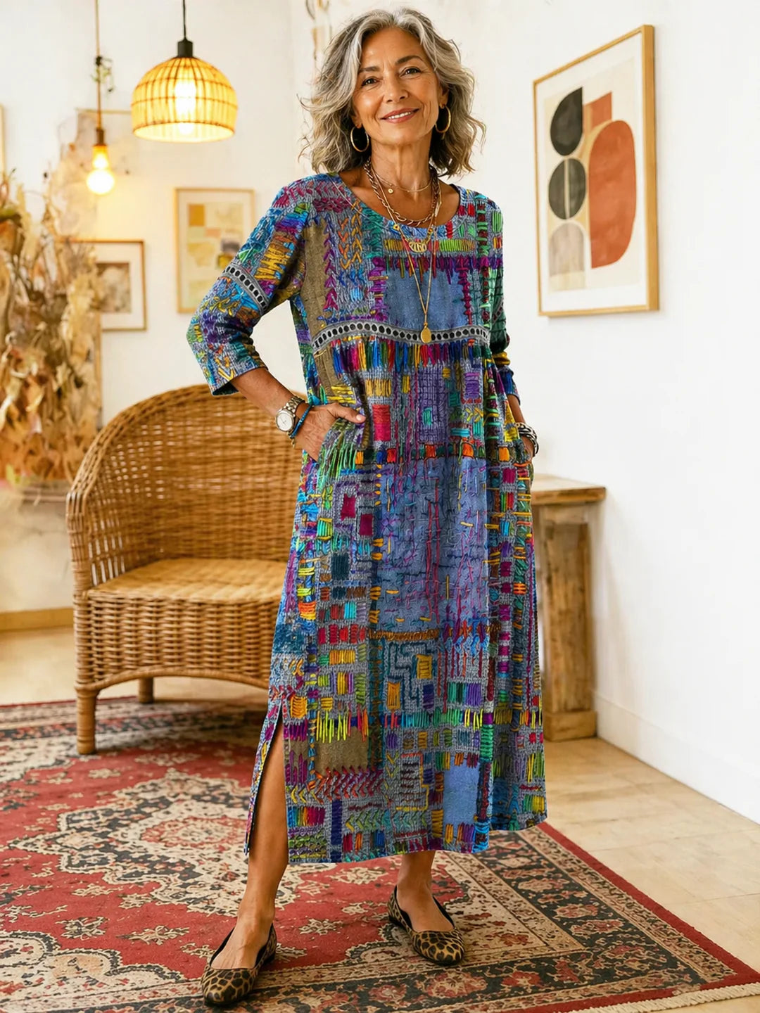 Folklén — Cotton Ethnic Print Lace-Trim Maxi Dress