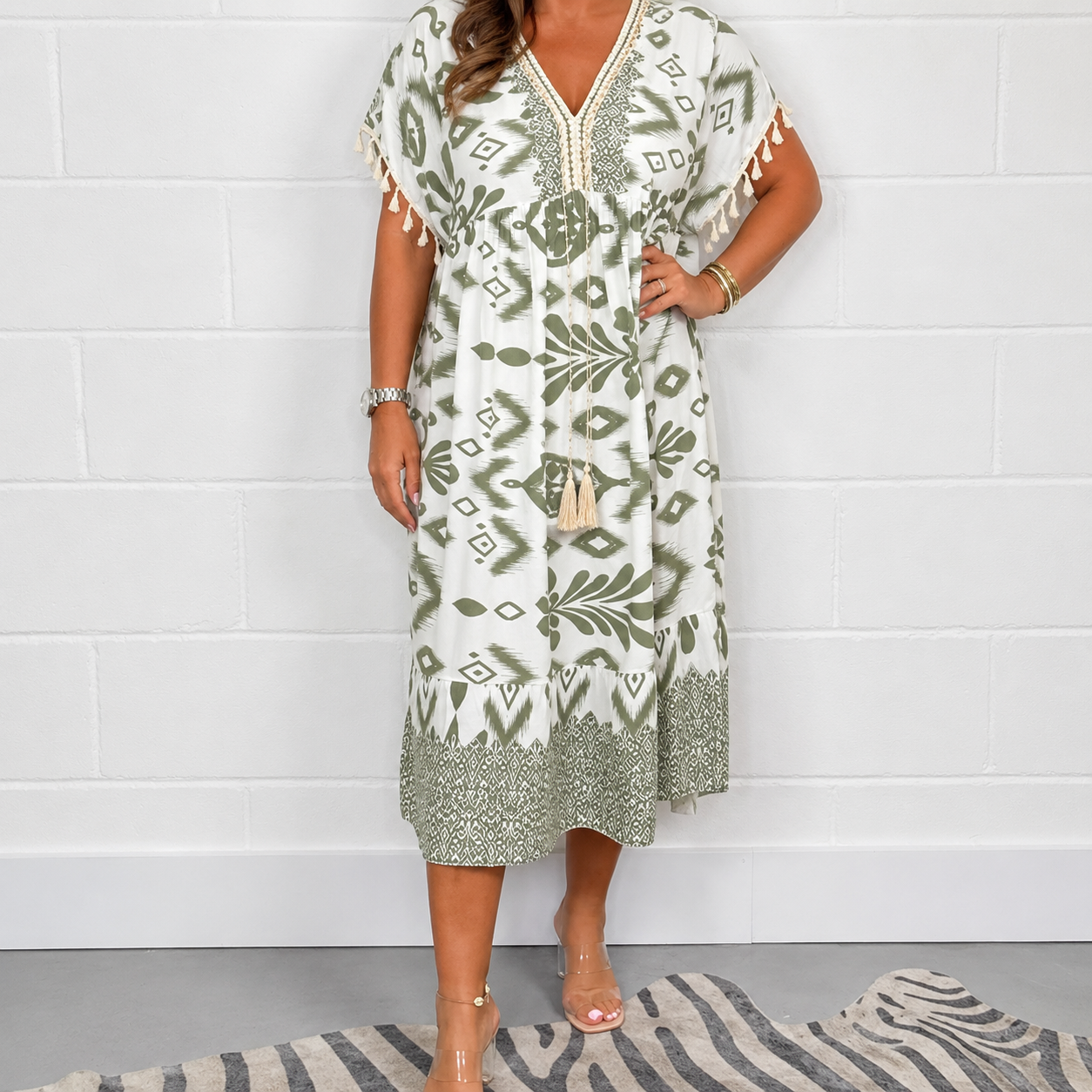 Marisole — Fringe-Trim V-Neck Printed Casual Dress