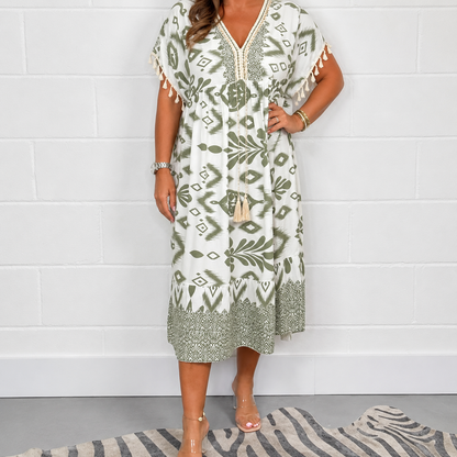 Marisole — Fringe-Trim V-Neck Printed Casual Dress