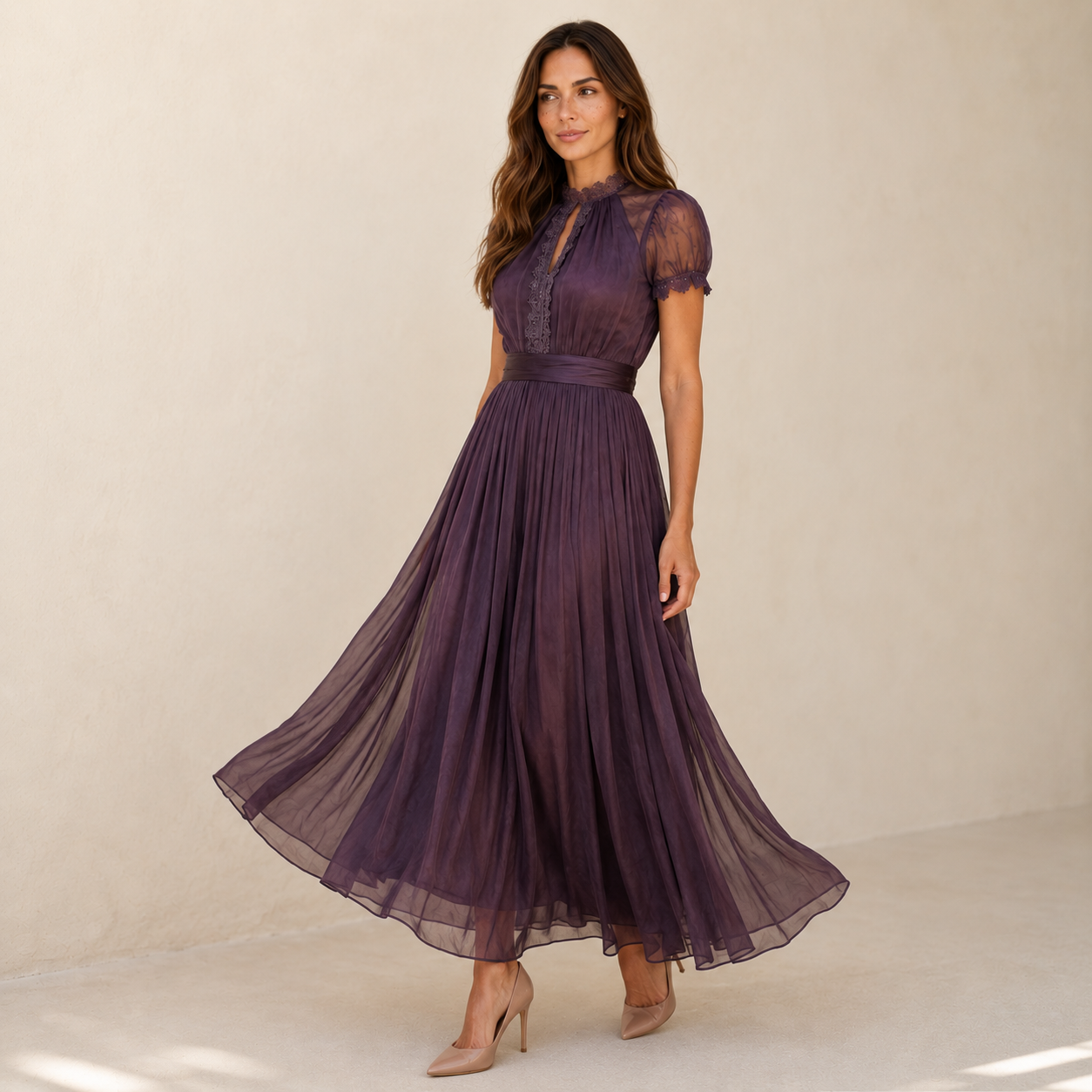Velance — Lace-Neck Chiffon Maxi Dress