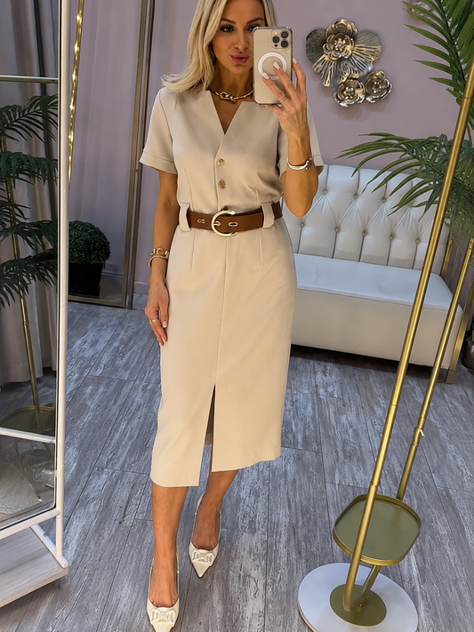 Caléne — Lapel Slit Midi Dress