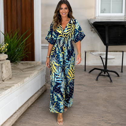 Foliene — Leaf Print Bodysuit with Elastic Waist