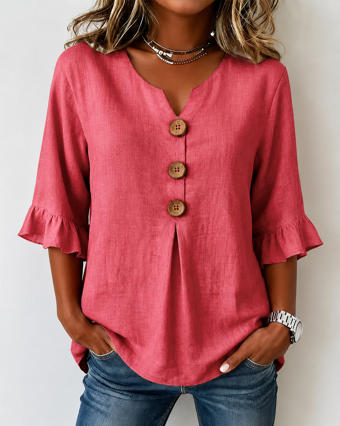 Sophine — Linen Cotton Blouse with Wood Buttons