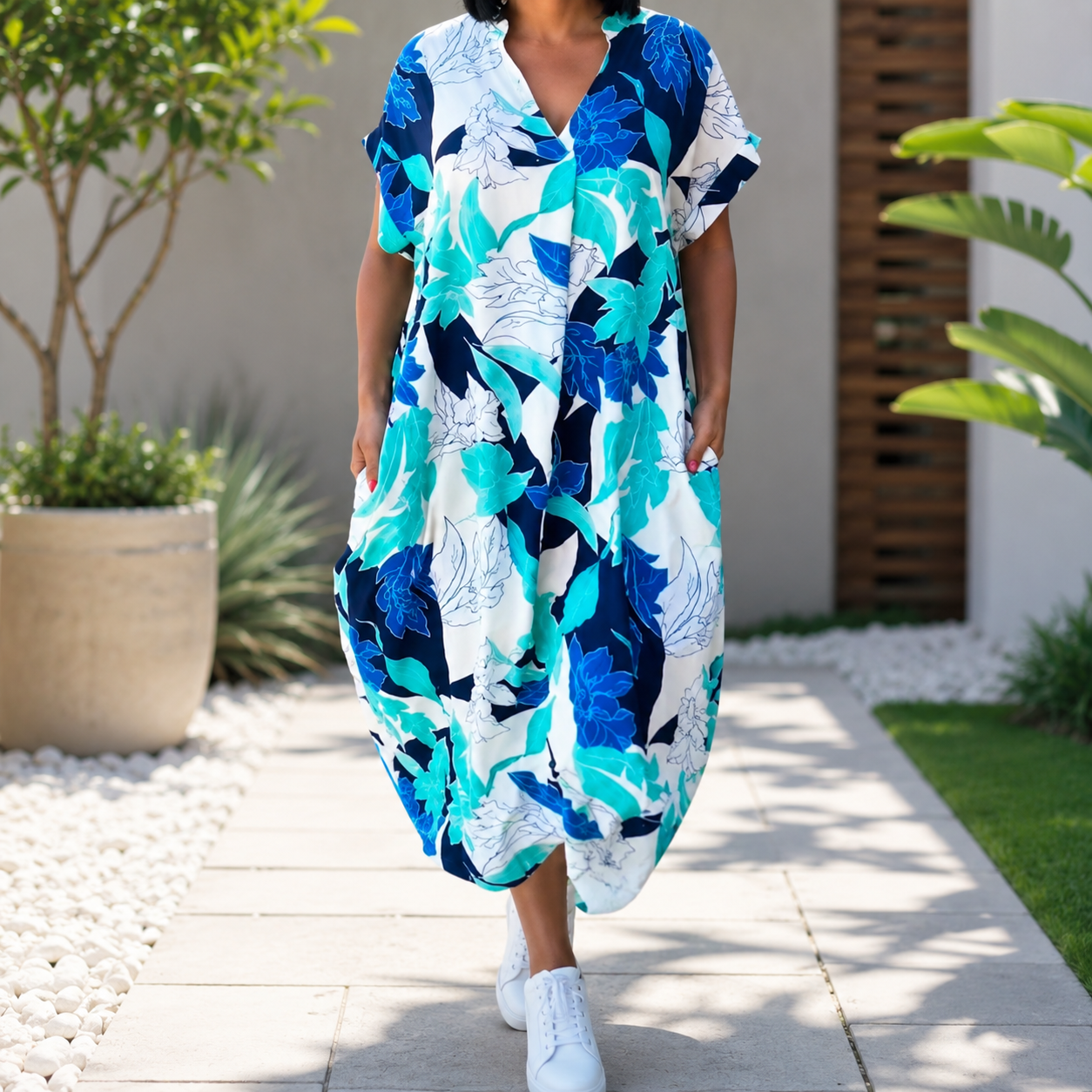 Palermia — Printed V-Neck Midi Dress