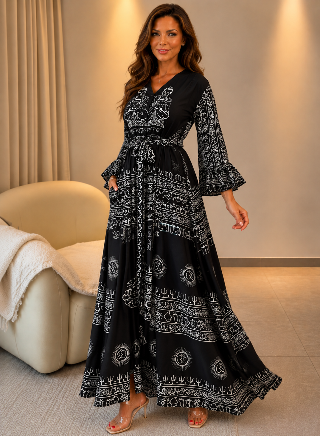 Miche — V-Neck Printed Linen Maxi Dress