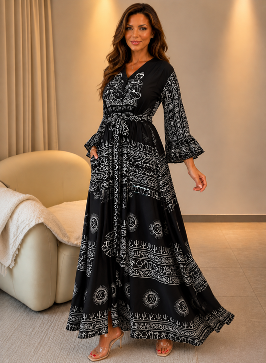 Miche — V-Neck Printed Linen Maxi Dress