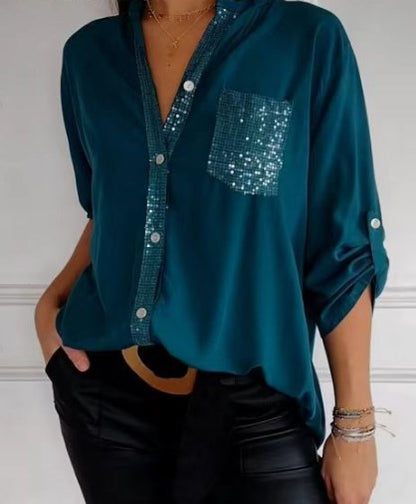 Mironé — Sequin Patchwork Button-Down Top