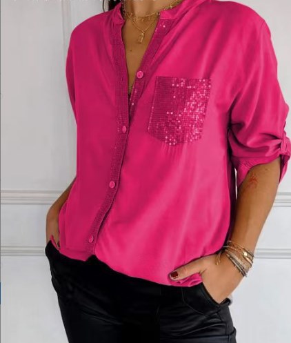 Mironé — Sequin Patchwork Button-Down Top
