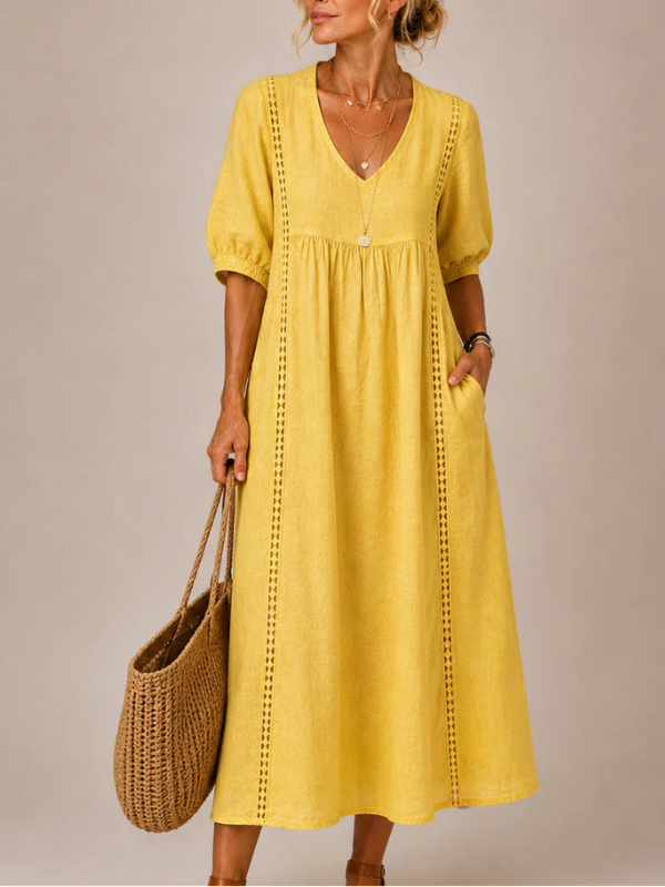 Sefi — Linen Midi Dress with Lace Trim