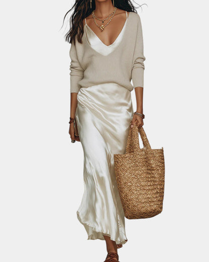 Bérénice – Flowy Satin-Finish Dress & Blouse Two-Piece Set