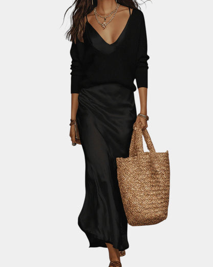 Bérénice – Flowy Satin-Finish Dress & Blouse Two-Piece Set