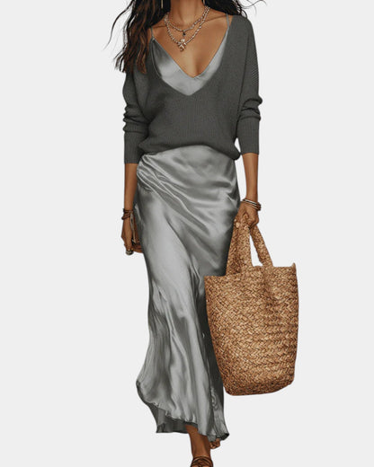 Bérénice – Flowy Satin-Finish Dress & Blouse Two-Piece Set