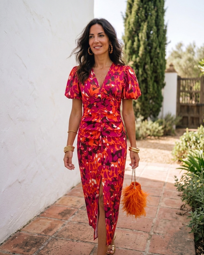 Carla  —  Printed Puff-Sleeve Midi Dress
