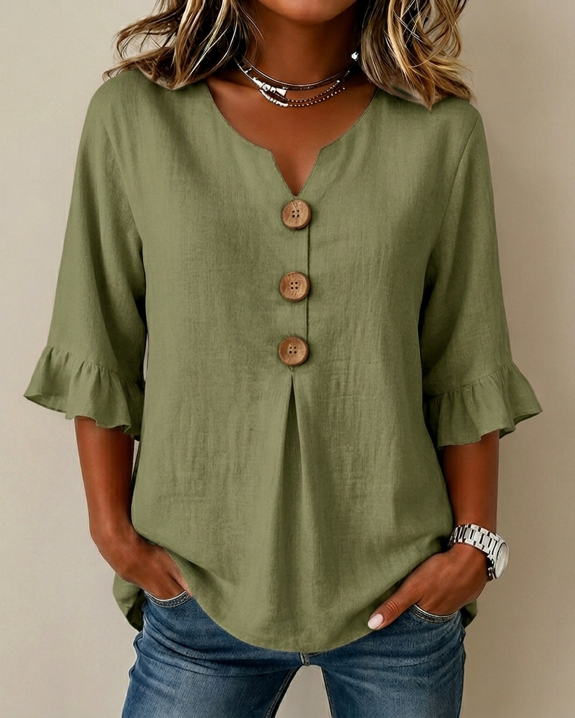 Sophine — Linen Cotton Blouse with Wood Buttons
