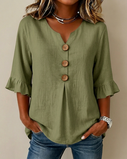 Sophine — Linen Cotton Blouse with Wood Buttons