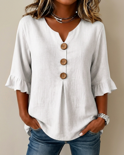 Sophine — Linen Cotton Blouse with Wood Buttons