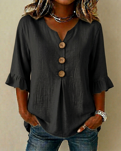 Sophine — Linen Cotton Blouse with Wood Buttons