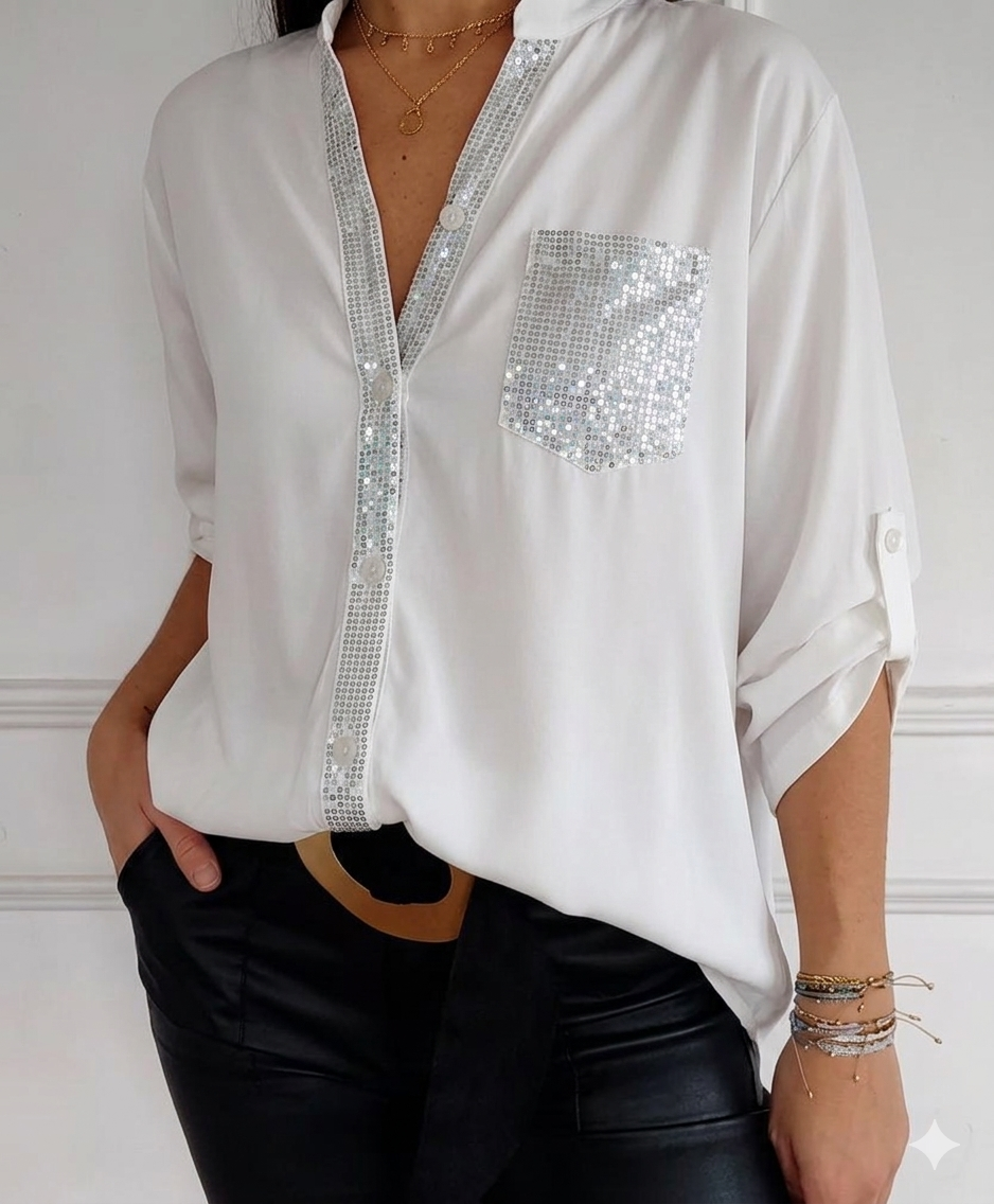 Mironé — Sequin Patchwork Button-Down Top